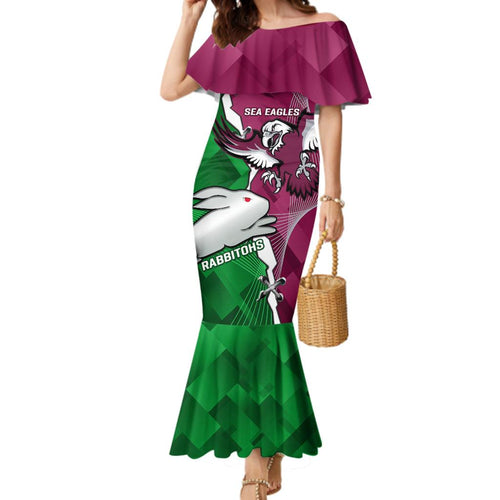 Personalised Rabbitohs And Eagles Rugby Family Matching Mermaid Dress and Hawaiian Shirt NRL 2024 Dynamic Together