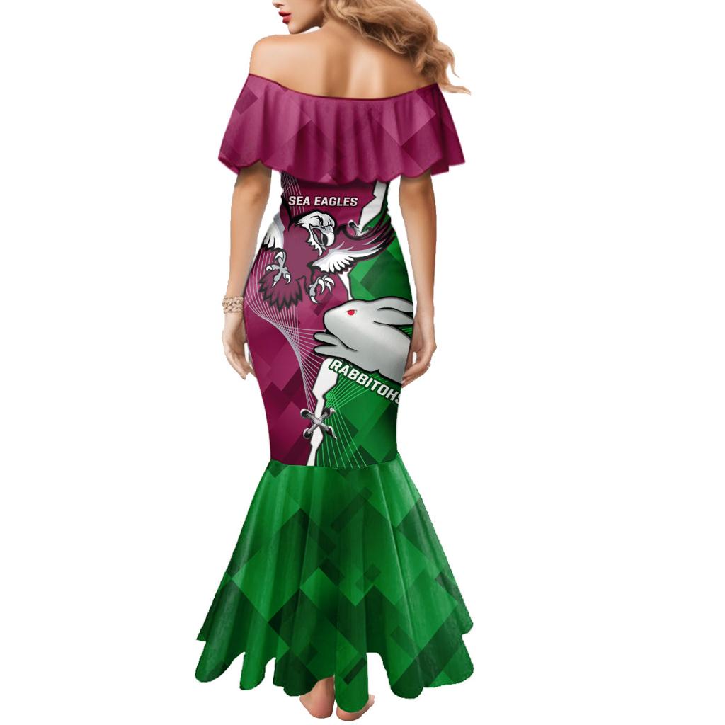 Personalised Rabbitohs And Eagles Rugby Family Matching Mermaid Dress and Hawaiian Shirt NRL 2024 Dynamic Together