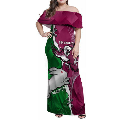 Personalised Rabbitohs And Eagles Rugby Family Matching Off Shoulder Maxi Dress and Hawaiian Shirt NRL 2024 Dynamic Together