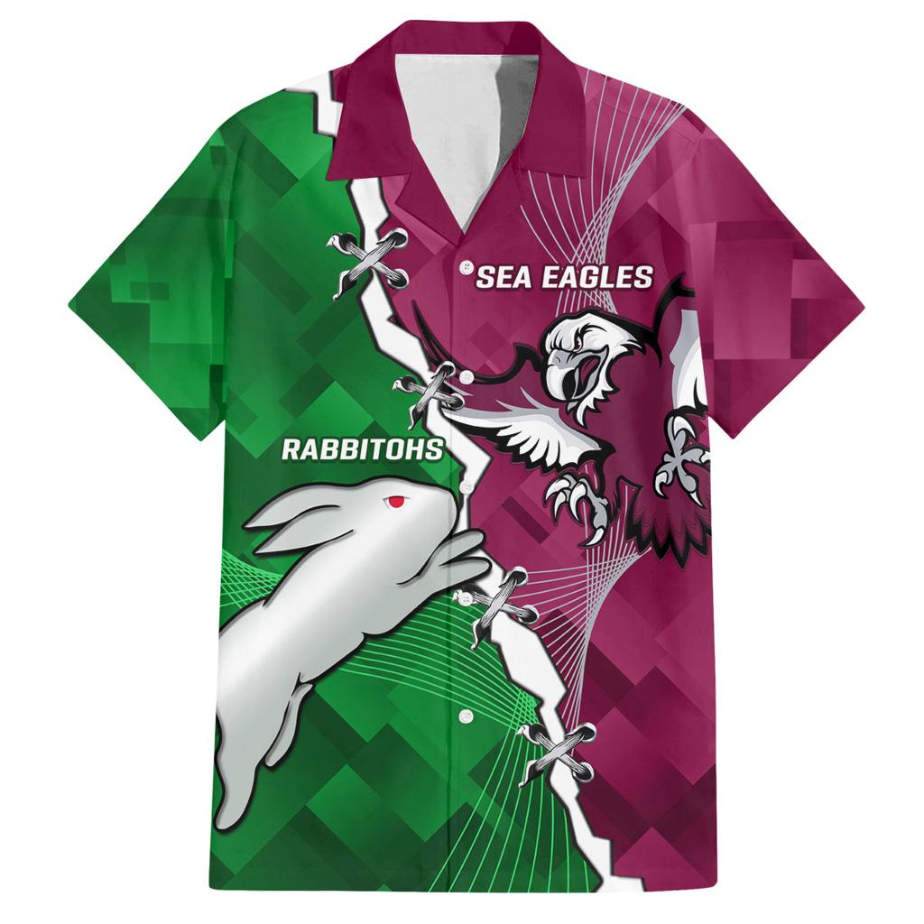 Personalised Rabbitohs And Eagles Rugby Family Matching Off Shoulder Short Dress and Hawaiian Shirt NRL 2024 Dynamic Together