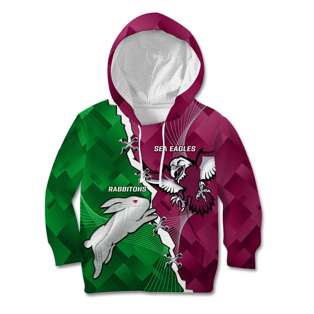 Personalised Rabbitohs And Eagles Rugby Kid Hoodie NRL 2024 Dynamic Together