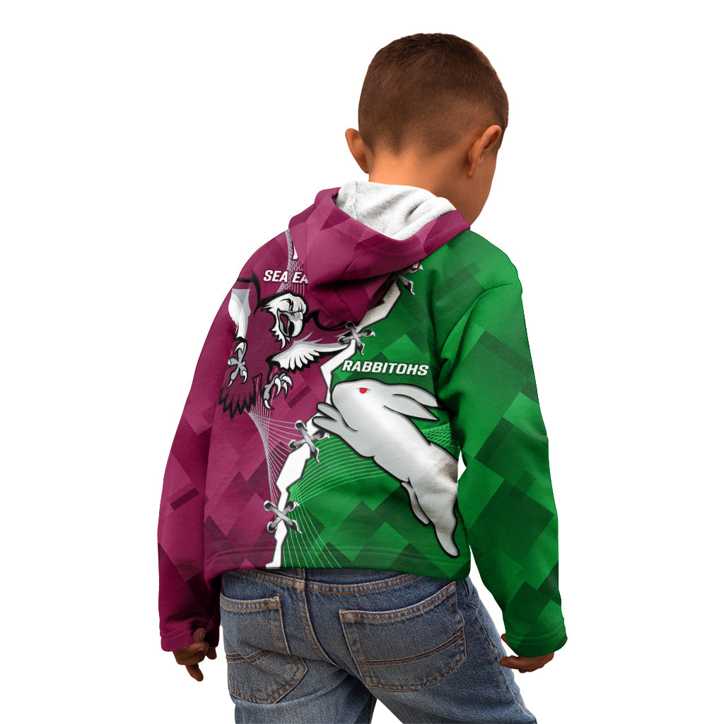 Personalised Rabbitohs And Eagles Rugby Kid Hoodie NRL 2024 Dynamic Together