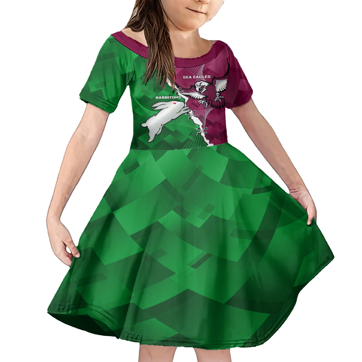 Personalised Rabbitohs And Eagles Rugby Kid Short Sleeve Dress NRL 2024 Dynamic Together