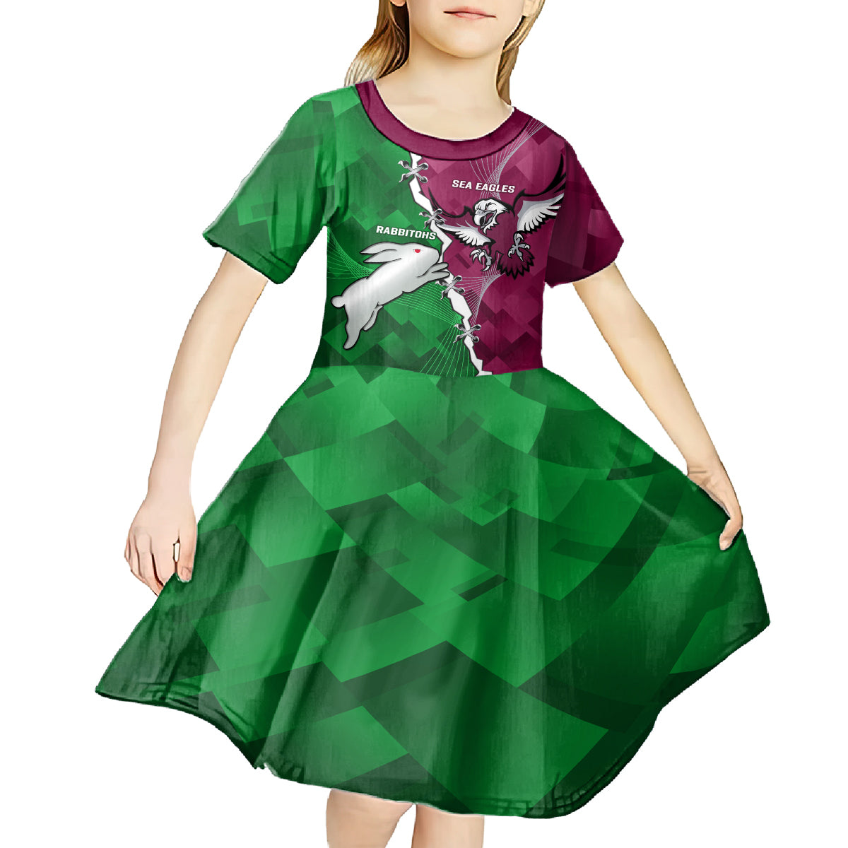 Personalised Rabbitohs And Eagles Rugby Kid Short Sleeve Dress NRL 2024 Dynamic Together