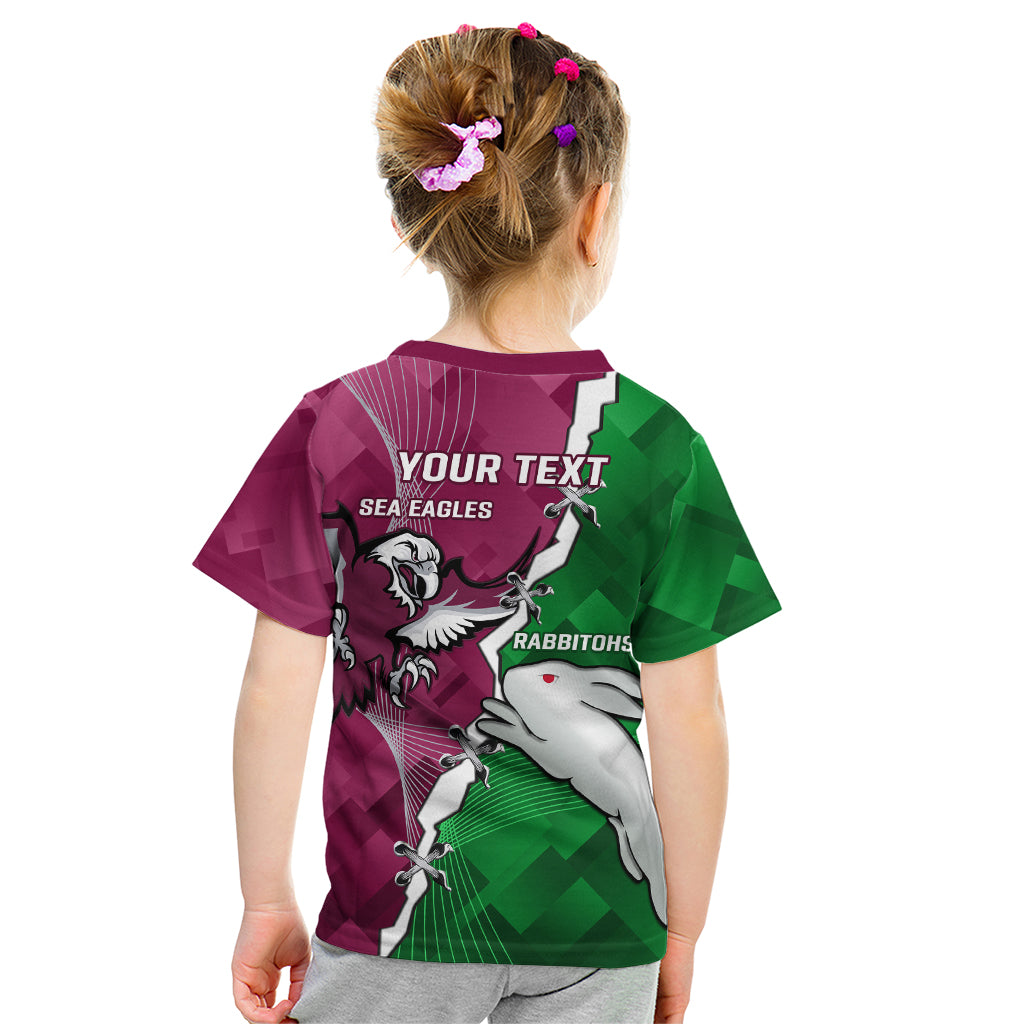 Personalised Rabbitohs And Eagles Rugby Kid T Shirt NRL 2024 Dynamic Together