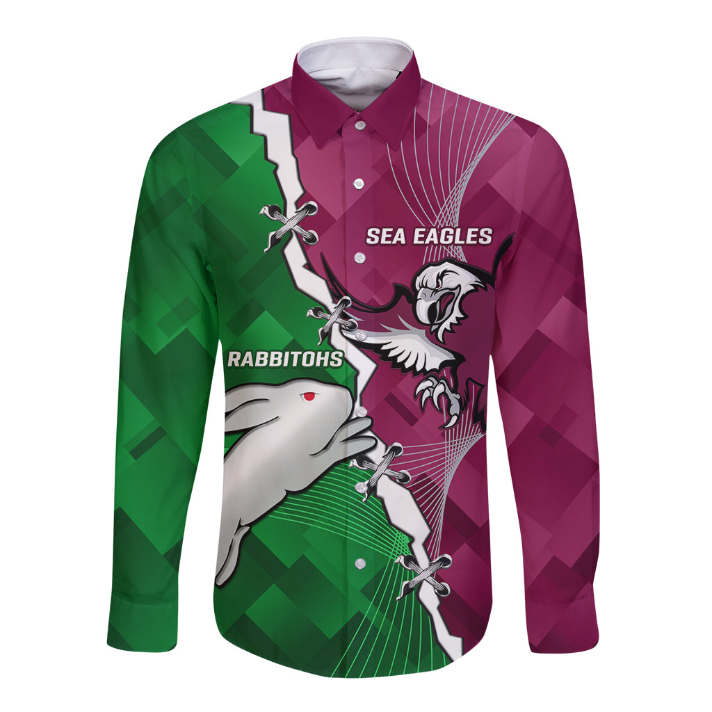 Personalised Rabbitohs And Eagles Rugby Long Sleeve Button Shirt NRL 2024 Dynamic Together