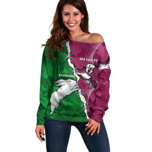 Personalised Rabbitohs And Eagles Rugby Off Shoulder Sweater NRL 2024 Dynamic Together