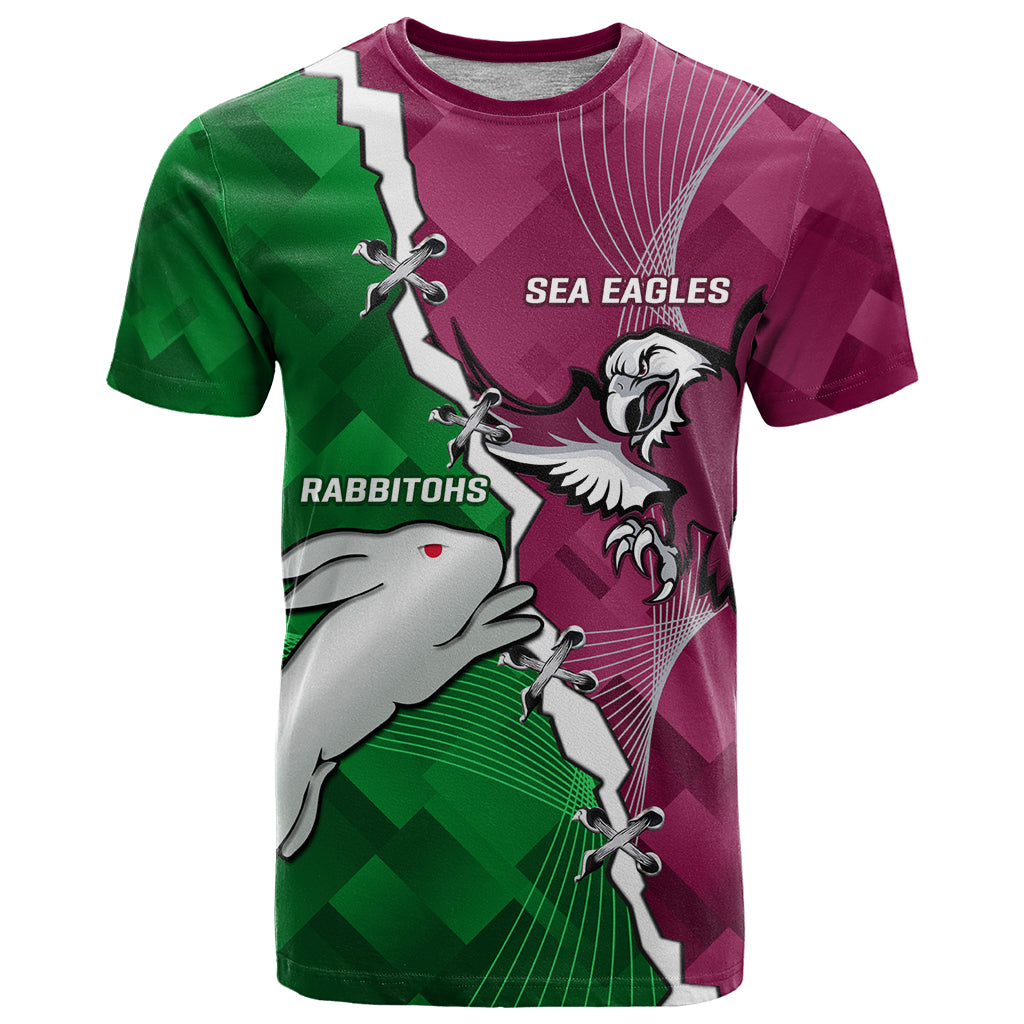 Personalised Rabbitohs And Eagles Rugby T Shirt NRL 2024 Dynamic Together