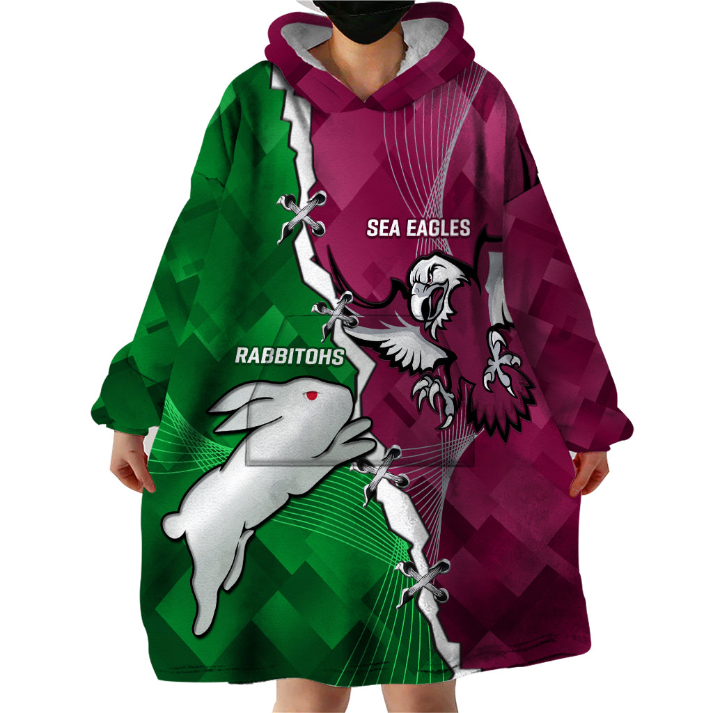 Personalised Rabbitohs And Eagles Rugby Wearable Blanket Hoodie NRL 2024 Dynamic Together
