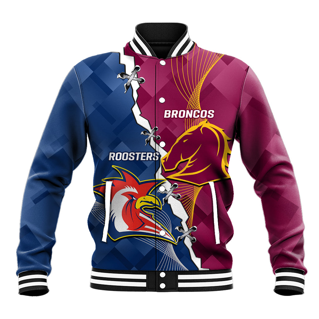 Personalised Roosters And Broncos Rugby Baseball Jacket NRL 2024 Dynamic Together