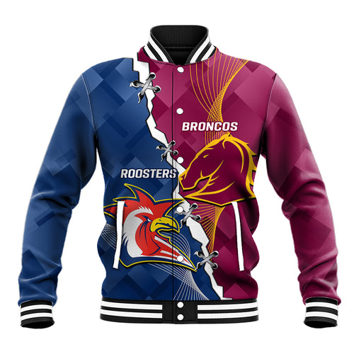 Personalised Roosters And Broncos Rugby Baseball Jacket NRL 2024 Dynamic Together