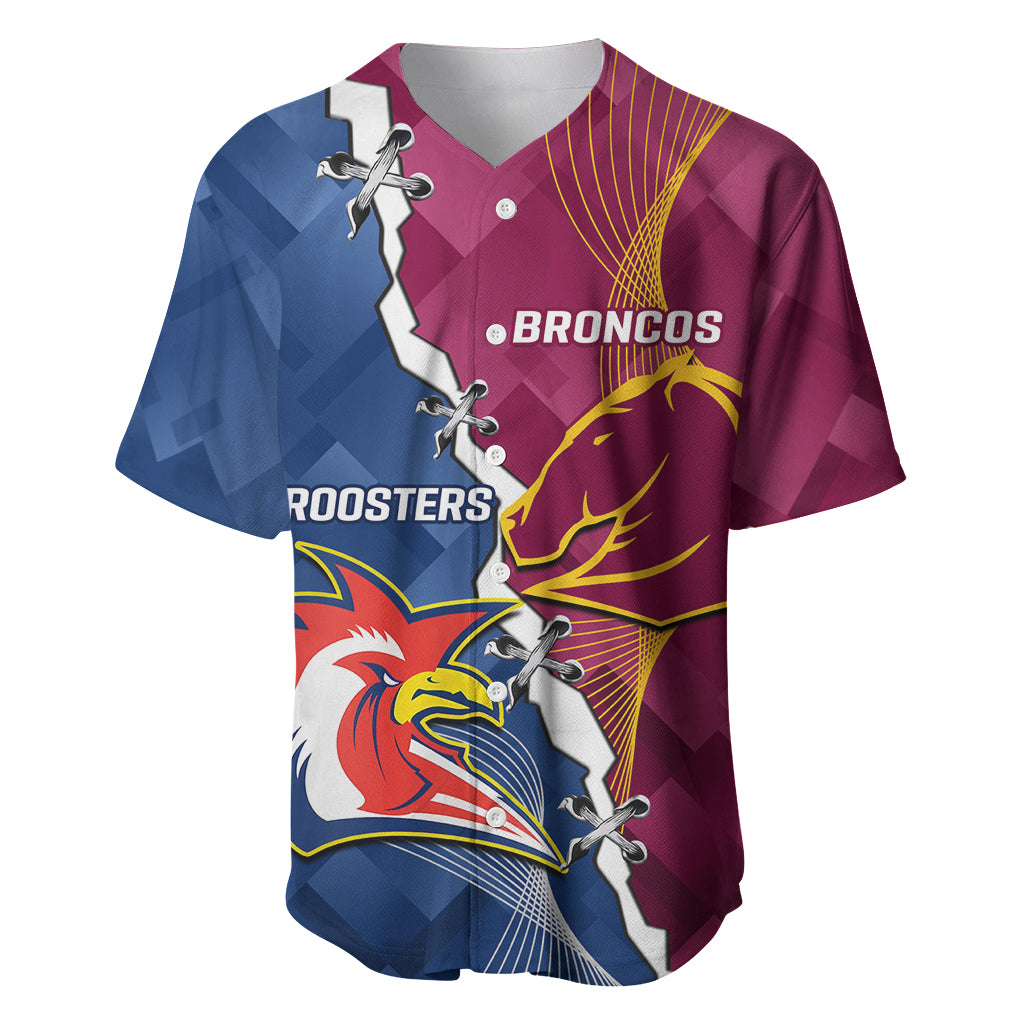 Personalised Roosters And Broncos Rugby Baseball Jersey NRL 2024 Dynamic Together