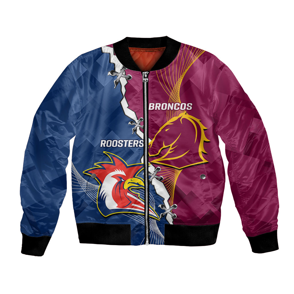 Personalised Roosters And Broncos Rugby Bomber Jacket NRL 2024 Dynamic Together