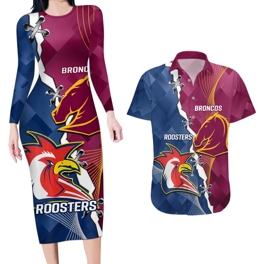 Personalised Roosters And Broncos Rugby Couples Matching Long Sleeve Bodycon Dress and Hawaiian Shirt NRL 2024 Dynamic Together