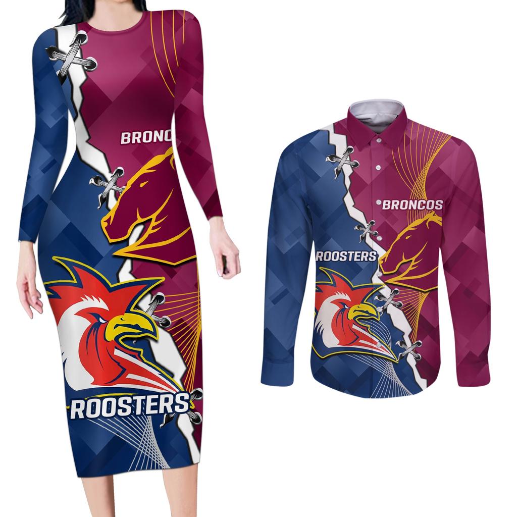 Personalised Roosters And Broncos Rugby Couples Matching Long Sleeve Bodycon Dress and Long Sleeve Button Shirt NRL 2024 Dynamic Together