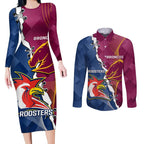 Personalised Roosters And Broncos Rugby Couples Matching Long Sleeve Bodycon Dress and Long Sleeve Button Shirt NRL 2024 Dynamic Together