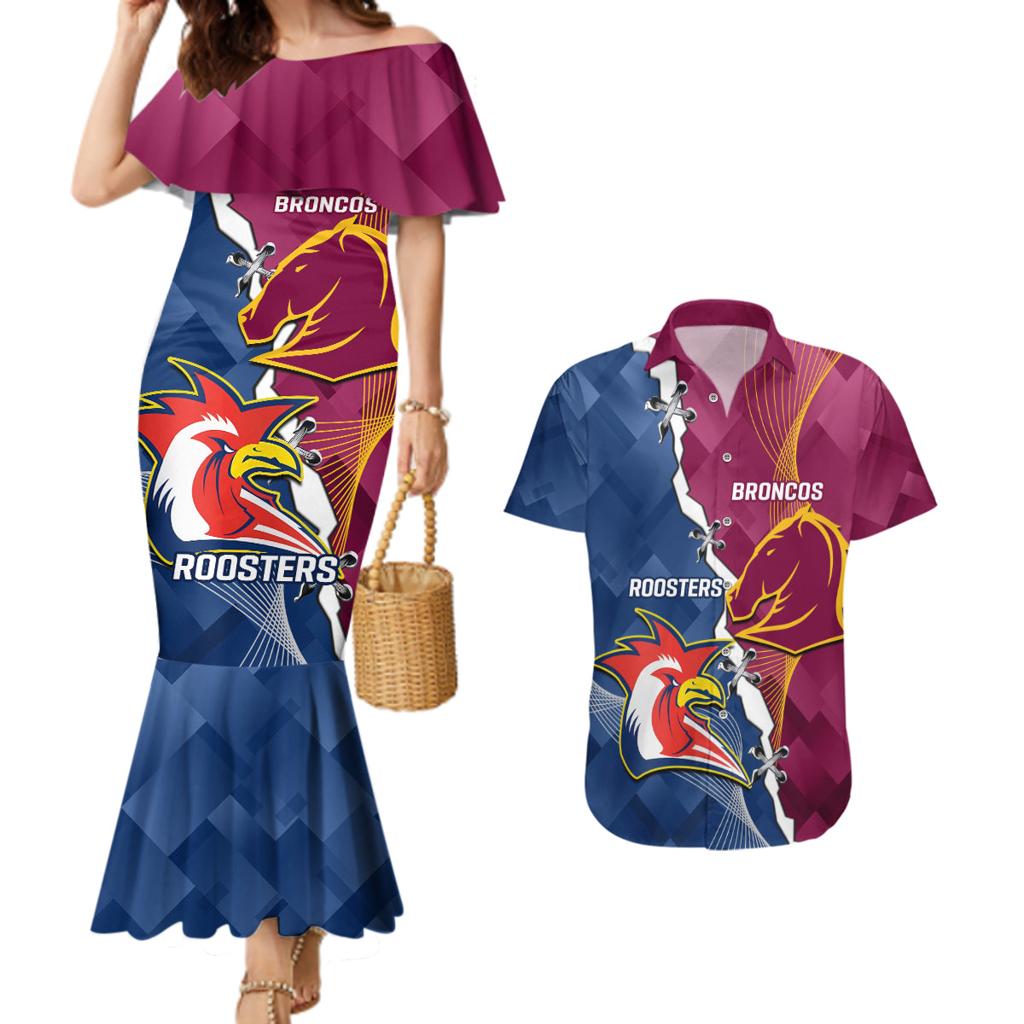 Personalised Roosters And Broncos Rugby Couples Matching Mermaid Dress and Hawaiian Shirt NRL 2024 Dynamic Together