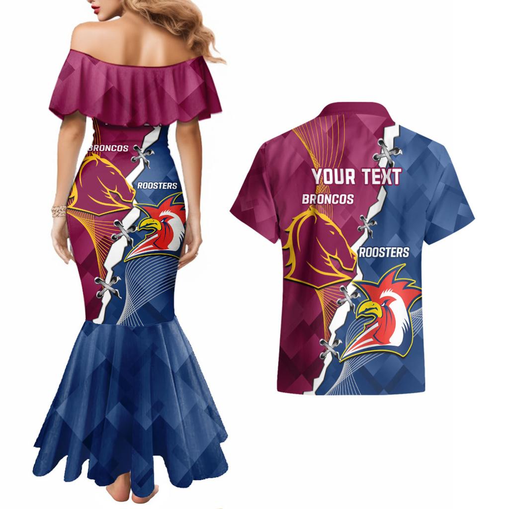 Personalised Roosters And Broncos Rugby Couples Matching Mermaid Dress and Hawaiian Shirt NRL 2024 Dynamic Together