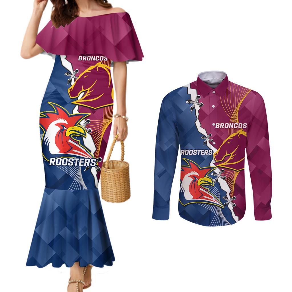 Personalised Roosters And Broncos Rugby Couples Matching Mermaid Dress and Long Sleeve Button Shirt NRL 2024 Dynamic Together