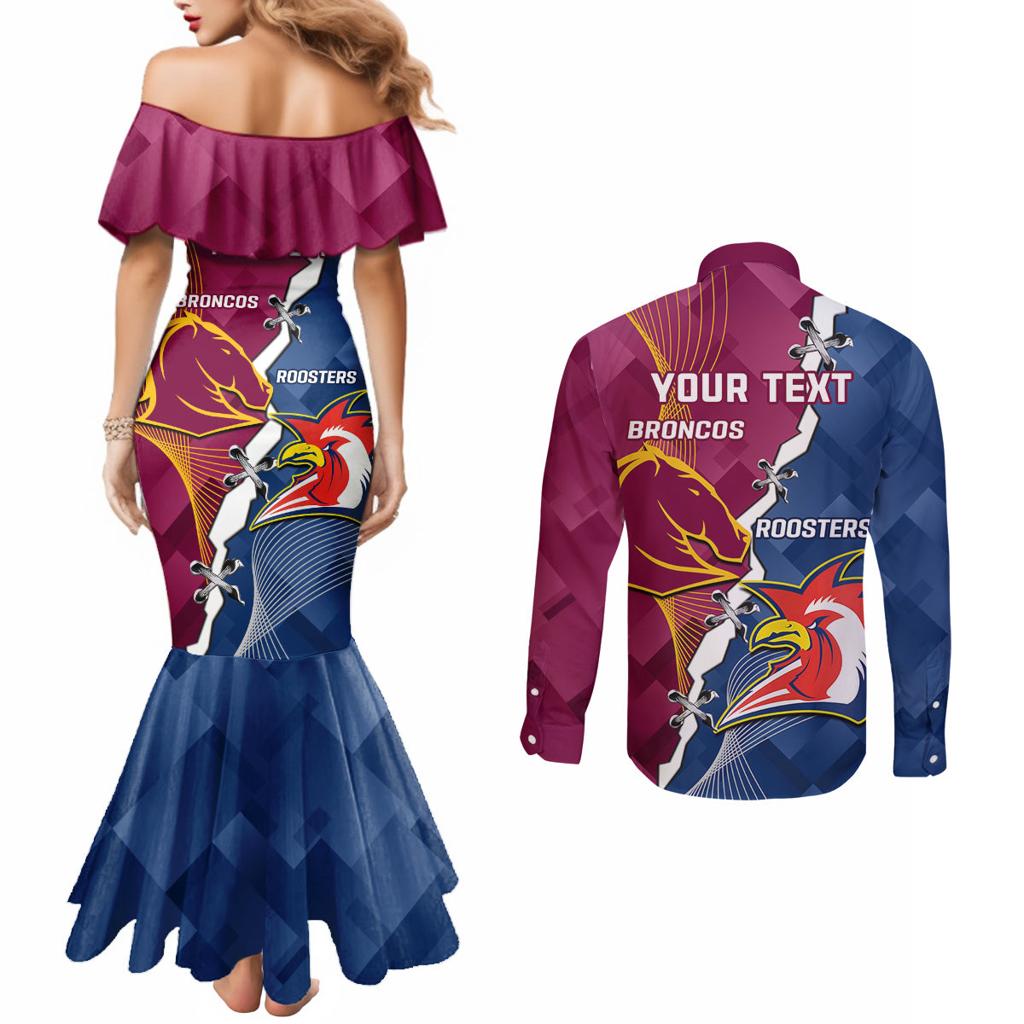 Personalised Roosters And Broncos Rugby Couples Matching Mermaid Dress and Long Sleeve Button Shirt NRL 2024 Dynamic Together
