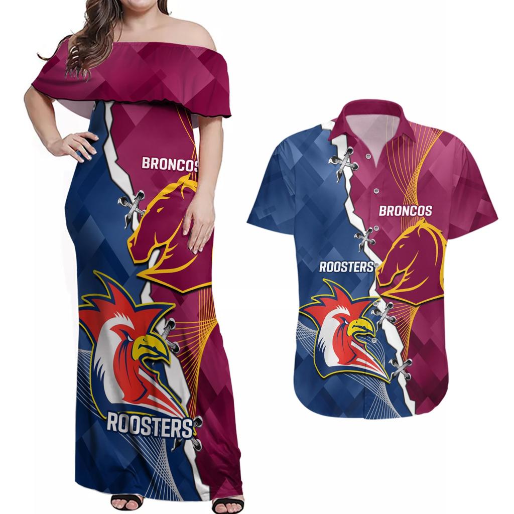 Personalised Roosters And Broncos Rugby Couples Matching Off Shoulder Maxi Dress and Hawaiian Shirt NRL 2024 Dynamic Together