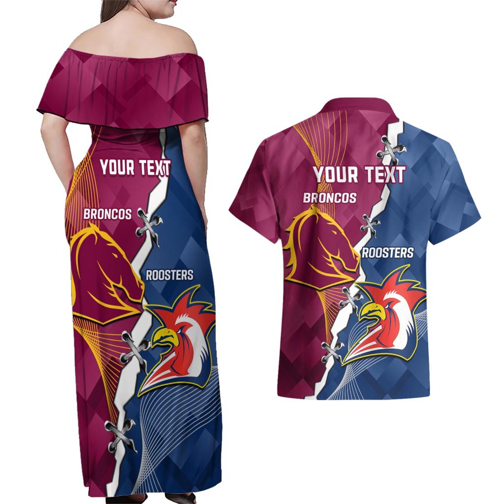 Personalised Roosters And Broncos Rugby Couples Matching Off Shoulder Maxi Dress and Hawaiian Shirt NRL 2024 Dynamic Together