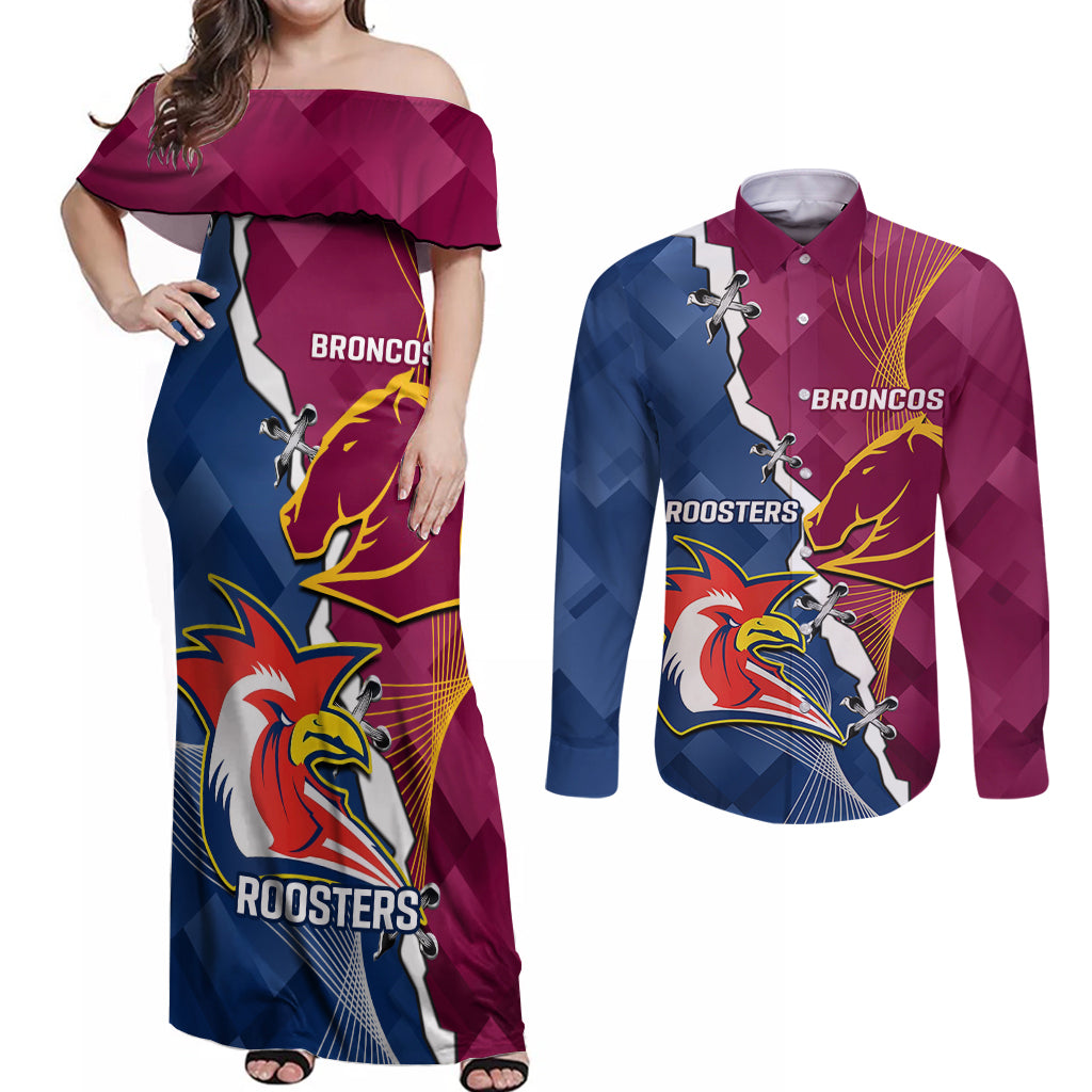 Personalised Roosters And Broncos Rugby Couples Matching Off Shoulder Maxi Dress and Long Sleeve Button Shirt NRL 2024 Dynamic Together