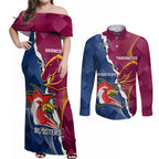 Personalised Roosters And Broncos Rugby Couples Matching Off Shoulder Maxi Dress and Long Sleeve Button Shirt NRL 2024 Dynamic Together