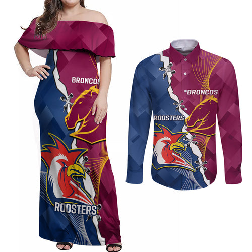 Personalised Roosters And Broncos Rugby Couples Matching Off Shoulder Maxi Dress and Long Sleeve Button Shirt NRL 2024 Dynamic Together
