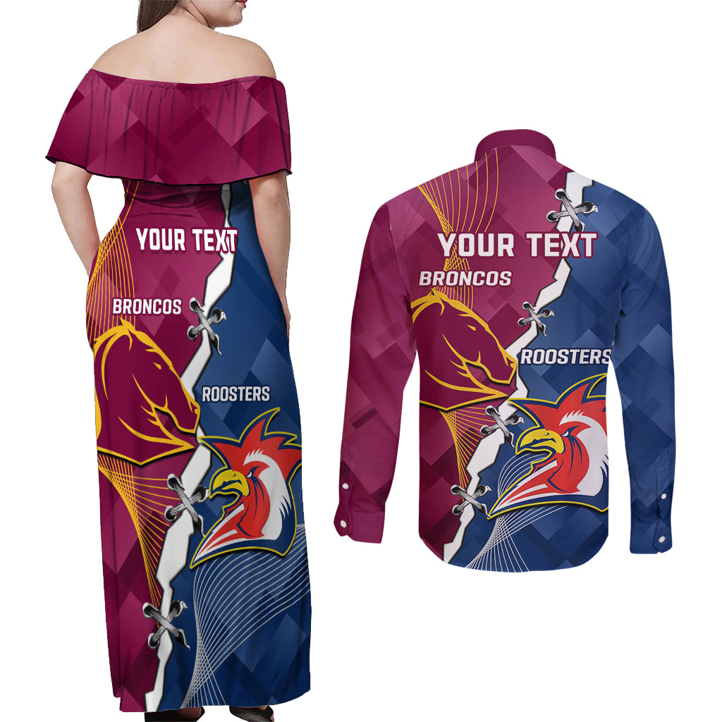 Personalised Roosters And Broncos Rugby Couples Matching Off Shoulder Maxi Dress and Long Sleeve Button Shirt NRL 2024 Dynamic Together