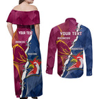 Personalised Roosters And Broncos Rugby Couples Matching Off Shoulder Maxi Dress and Long Sleeve Button Shirt NRL 2024 Dynamic Together