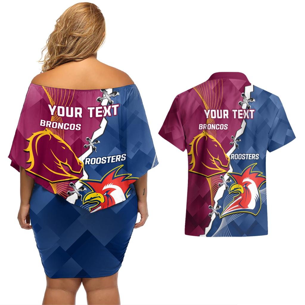 Personalised Roosters And Broncos Rugby Couples Matching Off Shoulder Short Dress and Hawaiian Shirt NRL 2024 Dynamic Together