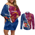 Personalised Roosters And Broncos Rugby Couples Matching Off Shoulder Short Dress and Long Sleeve Button Shirt NRL 2024 Dynamic Together