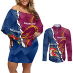 Personalised Roosters And Broncos Rugby Couples Matching Off Shoulder Short Dress and Long Sleeve Button Shirt NRL 2024 Dynamic Together