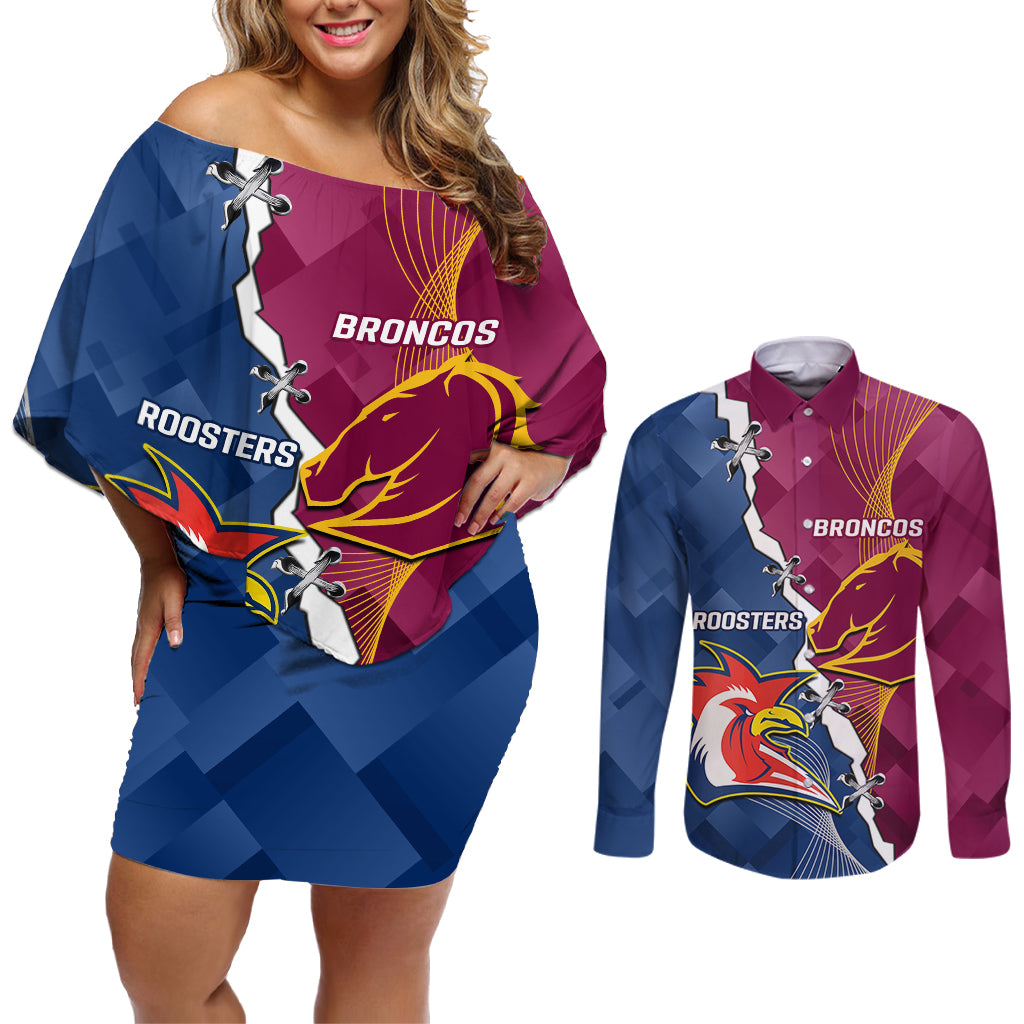 Personalised Roosters And Broncos Rugby Couples Matching Off Shoulder Short Dress and Long Sleeve Button Shirt NRL 2024 Dynamic Together