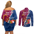 Personalised Roosters And Broncos Rugby Couples Matching Off Shoulder Short Dress and Long Sleeve Button Shirt NRL 2024 Dynamic Together