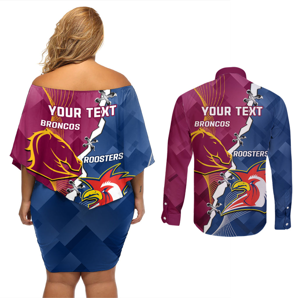 Personalised Roosters And Broncos Rugby Couples Matching Off Shoulder Short Dress and Long Sleeve Button Shirt NRL 2024 Dynamic Together