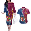 Personalised Roosters And Broncos Rugby Couples Matching Off The Shoulder Long Sleeve Dress and Hawaiian Shirt NRL 2024 Dynamic Together