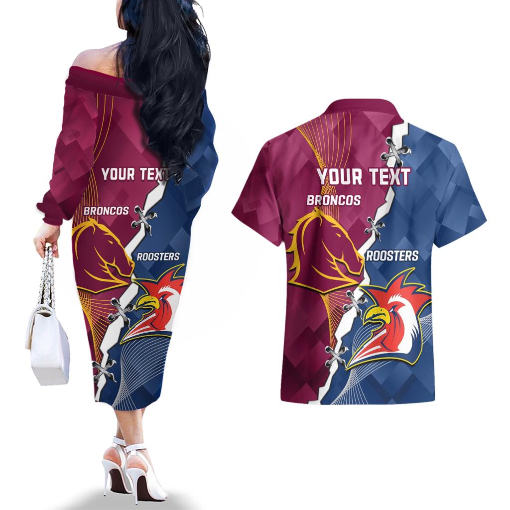 Personalised Roosters And Broncos Rugby Couples Matching Off The Shoulder Long Sleeve Dress and Hawaiian Shirt NRL 2024 Dynamic Together