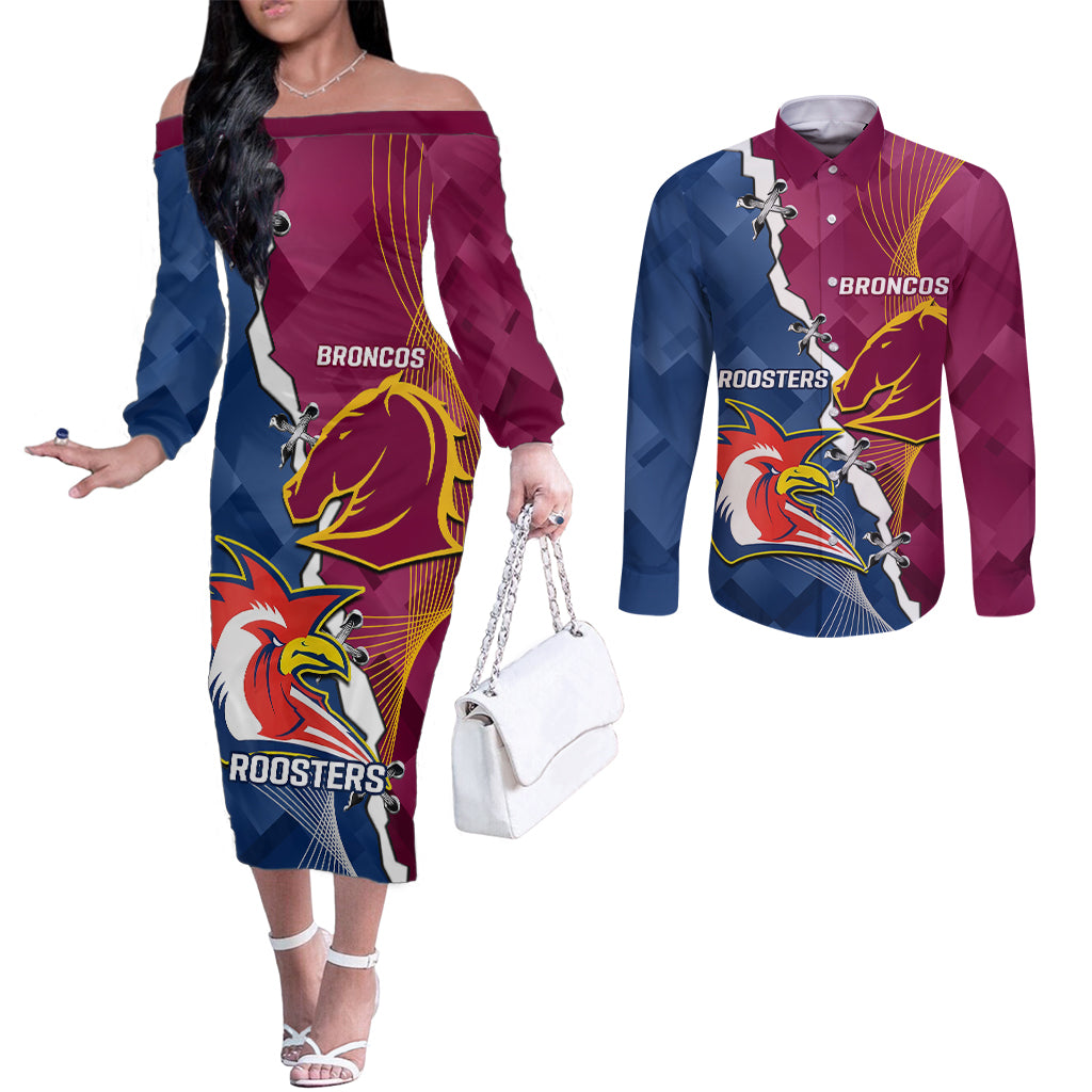 Personalised Roosters And Broncos Rugby Couples Matching Off The Shoulder Long Sleeve Dress and Long Sleeve Button Shirt NRL 2024 Dynamic Together