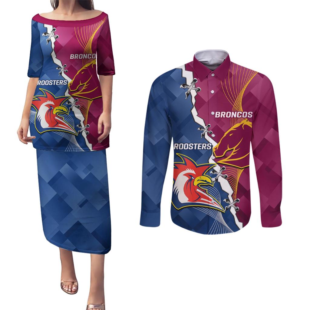 Personalised Roosters And Broncos Rugby Couples Matching Puletasi and Long Sleeve Button Shirt NRL 2024 Dynamic Together