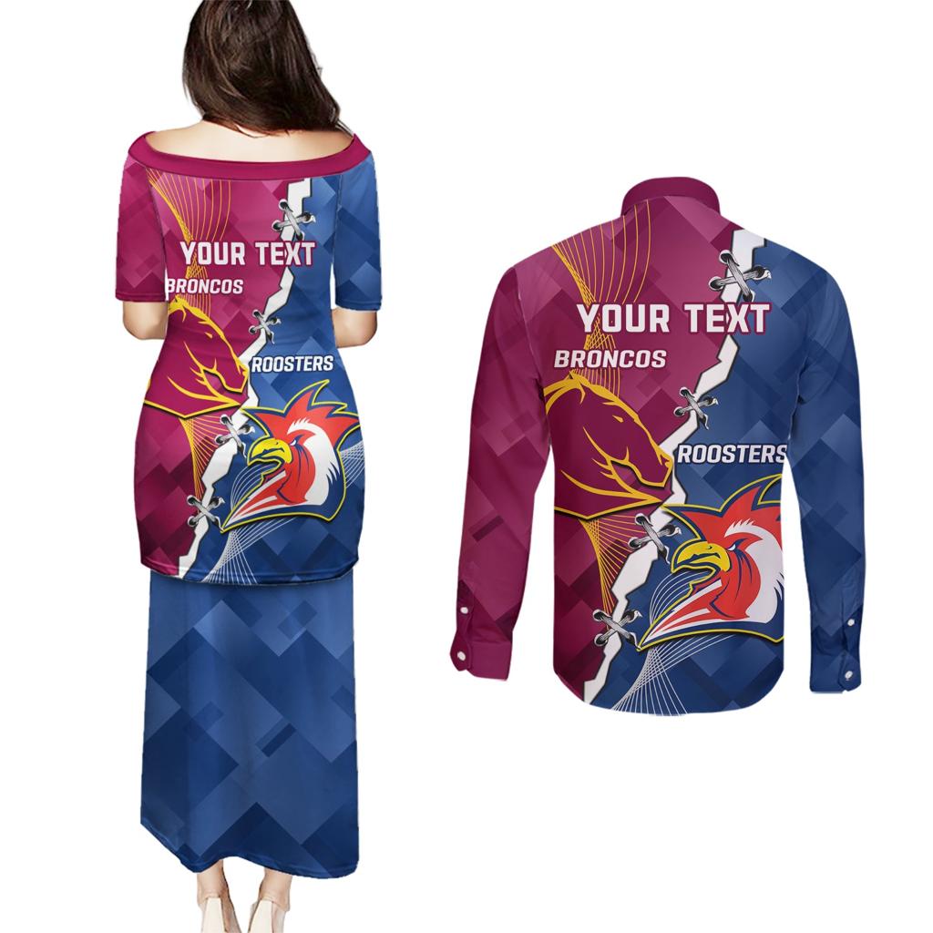 Personalised Roosters And Broncos Rugby Couples Matching Puletasi and Long Sleeve Button Shirt NRL 2024 Dynamic Together