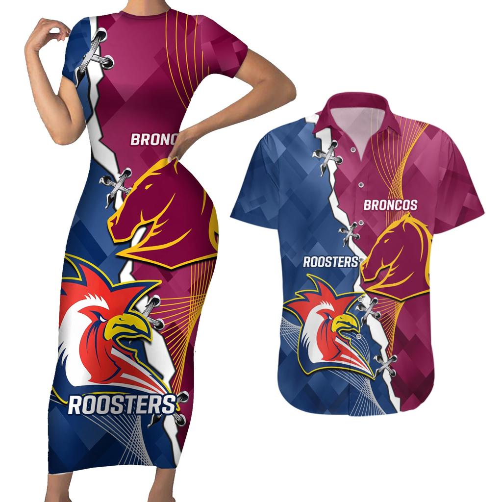 Personalised Roosters And Broncos Rugby Couples Matching Short Sleeve Bodycon Dress and Hawaiian Shirt NRL 2024 Dynamic Together