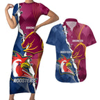Personalised Roosters And Broncos Rugby Couples Matching Short Sleeve Bodycon Dress and Hawaiian Shirt NRL 2024 Dynamic Together