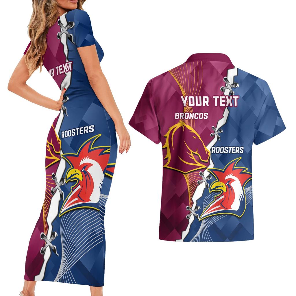 Personalised Roosters And Broncos Rugby Couples Matching Short Sleeve Bodycon Dress and Hawaiian Shirt NRL 2024 Dynamic Together