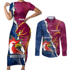 Personalised Roosters And Broncos Rugby Couples Matching Short Sleeve Bodycon Dress and Long Sleeve Button Shirt NRL 2024 Dynamic Together