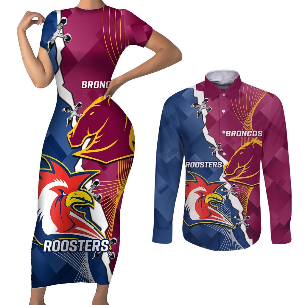 Personalised Roosters And Broncos Rugby Couples Matching Short Sleeve Bodycon Dress and Long Sleeve Button Shirt NRL 2024 Dynamic Together