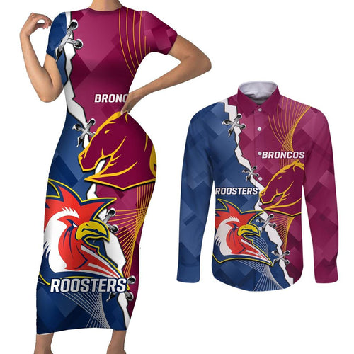 Personalised Roosters And Broncos Rugby Couples Matching Short Sleeve Bodycon Dress and Long Sleeve Button Shirt NRL 2024 Dynamic Together