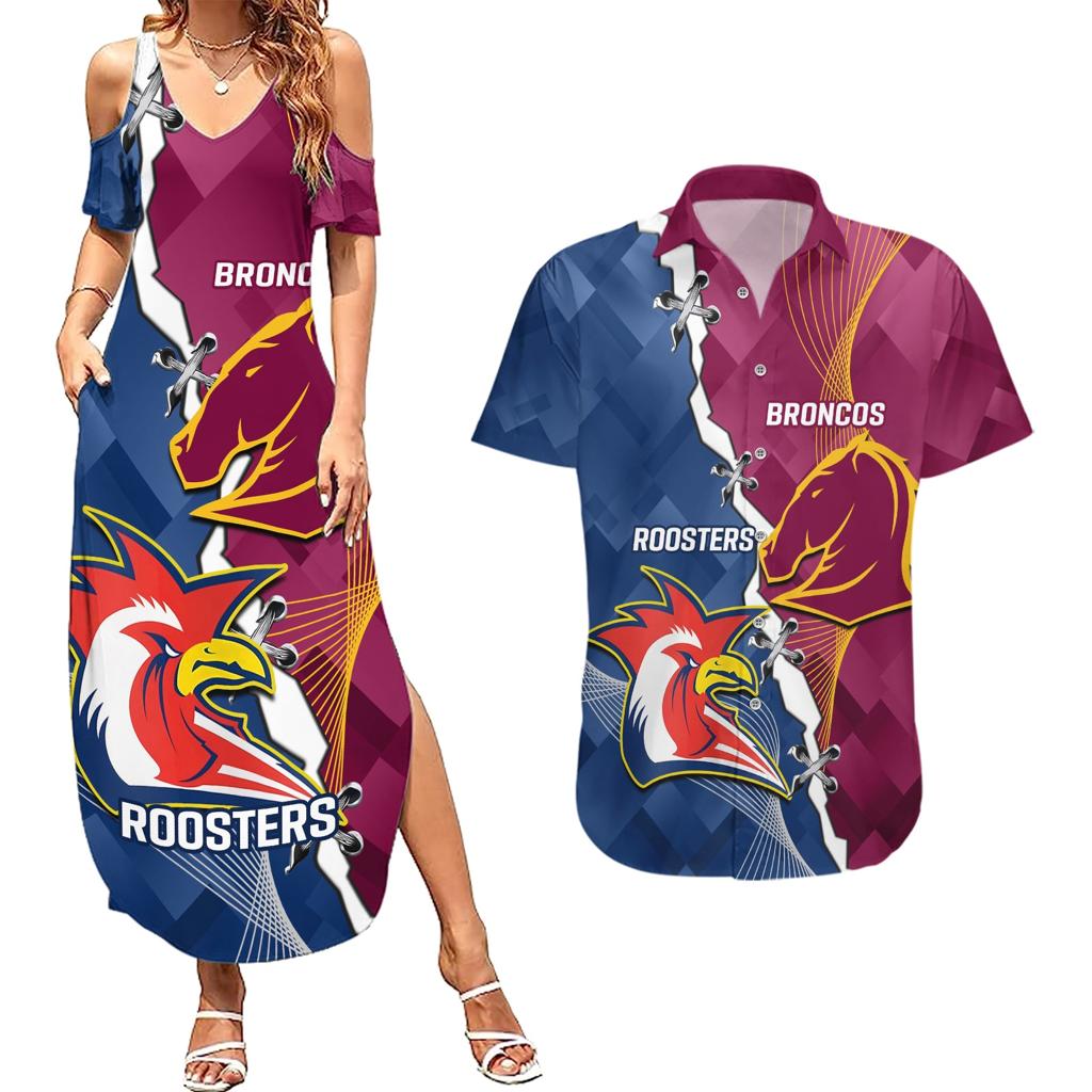 Personalised Roosters And Broncos Rugby Couples Matching Summer Maxi Dress and Hawaiian Shirt NRL 2024 Dynamic Together