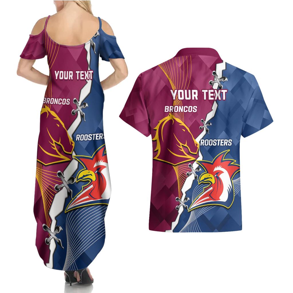 Personalised Roosters And Broncos Rugby Couples Matching Summer Maxi Dress and Hawaiian Shirt NRL 2024 Dynamic Together